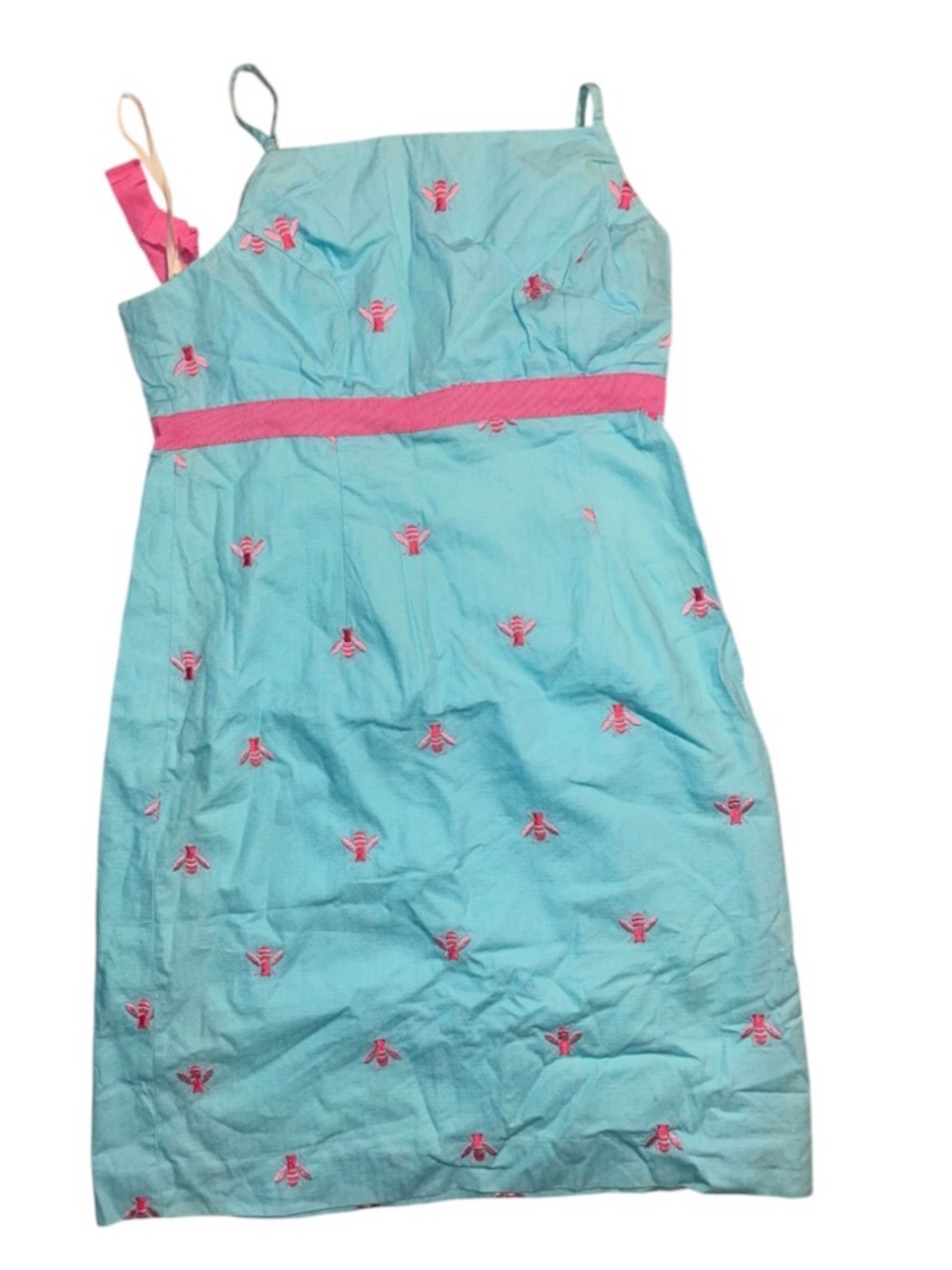 Lilly Pulitzer Aqua Blue Embroidered Bee Spaghetti Strap Dress Pink Waistband